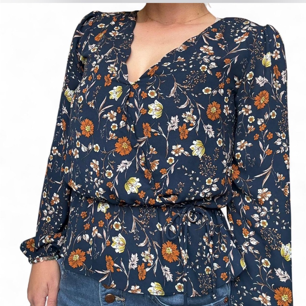 Floral V-Neck Peplum Blouse - Navy